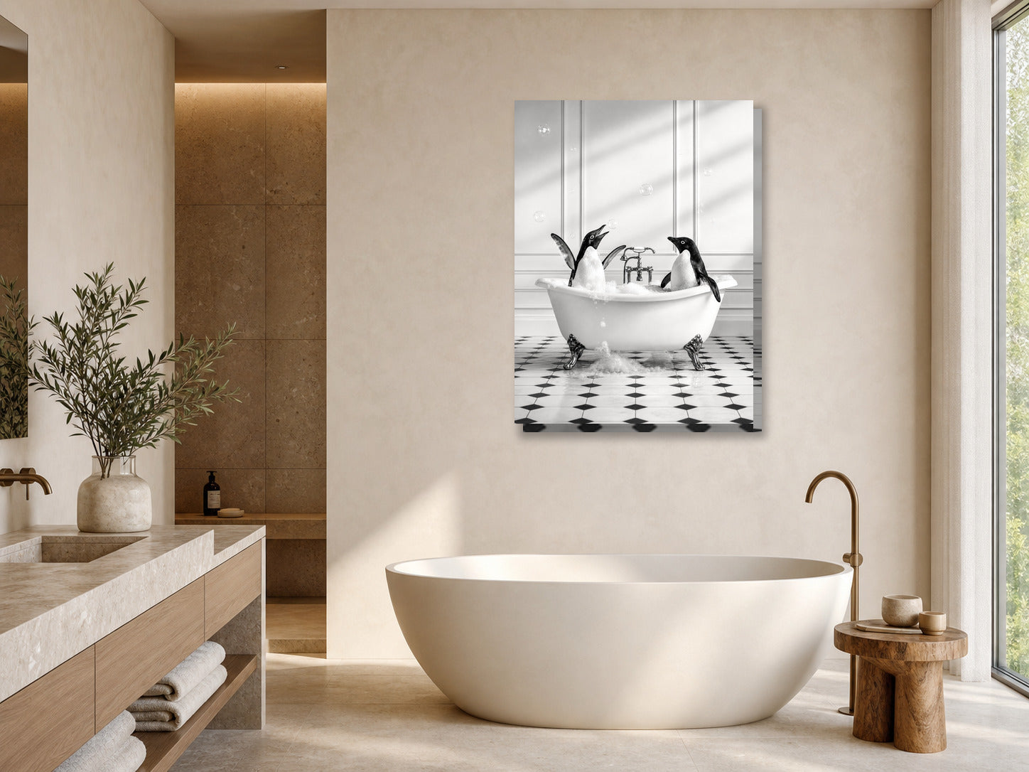 Śmieszny obraz do łazienki – pingwiny w wannie mockup 1