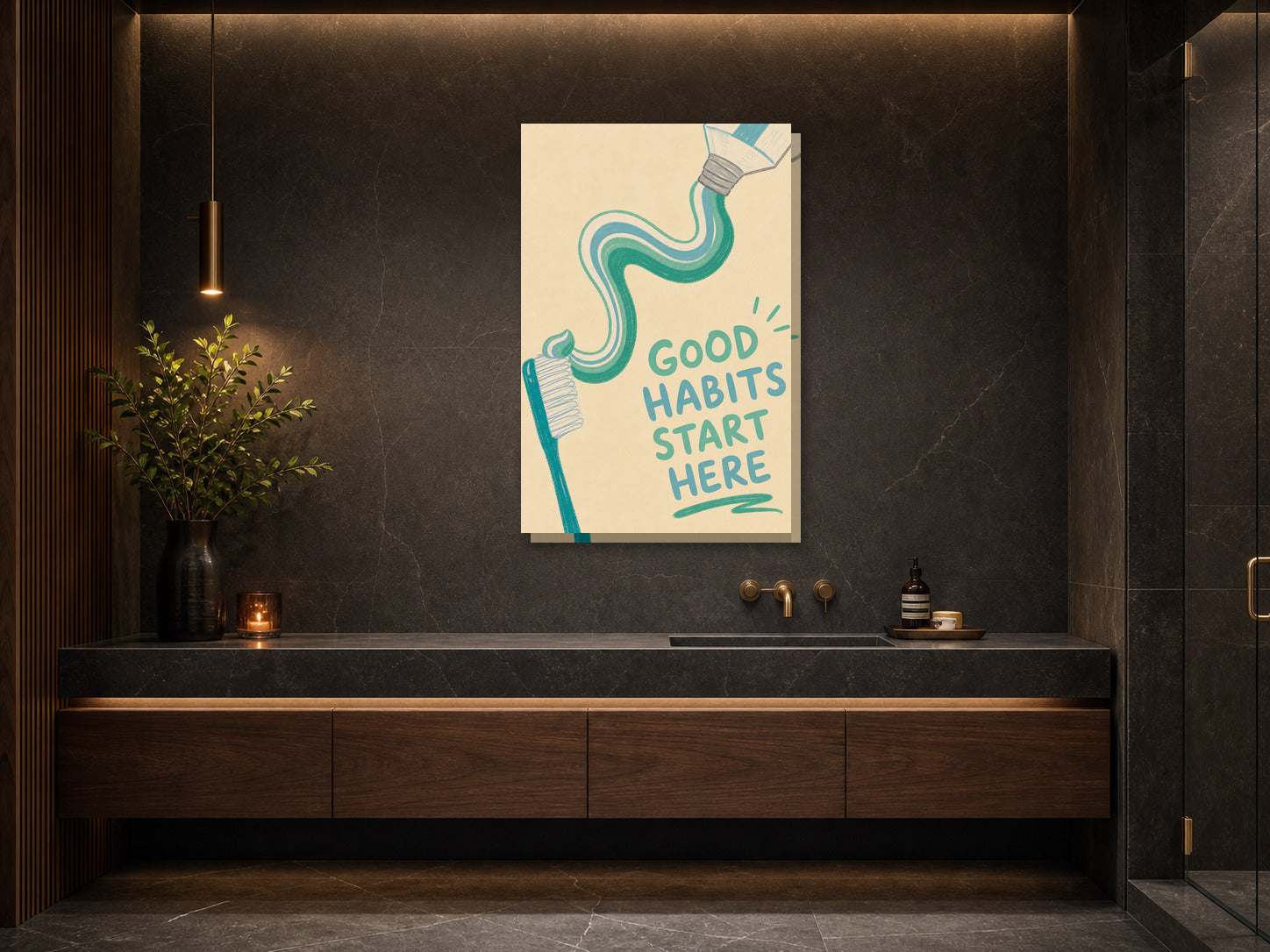 Plakat do łazienki Good Habits Start Here mockup 2