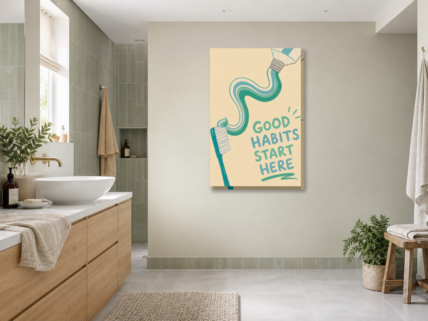 Plakat do łazienki Good Habits Start Here mockup 3