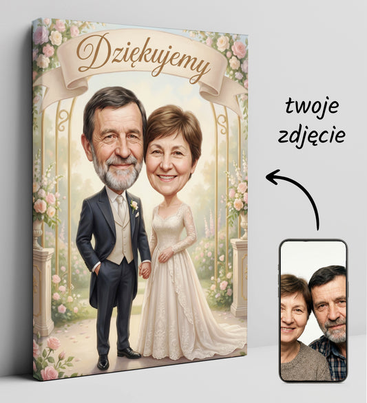 Karykatura dla rodziców – podziękowanie ślubne w romantycznej altanie