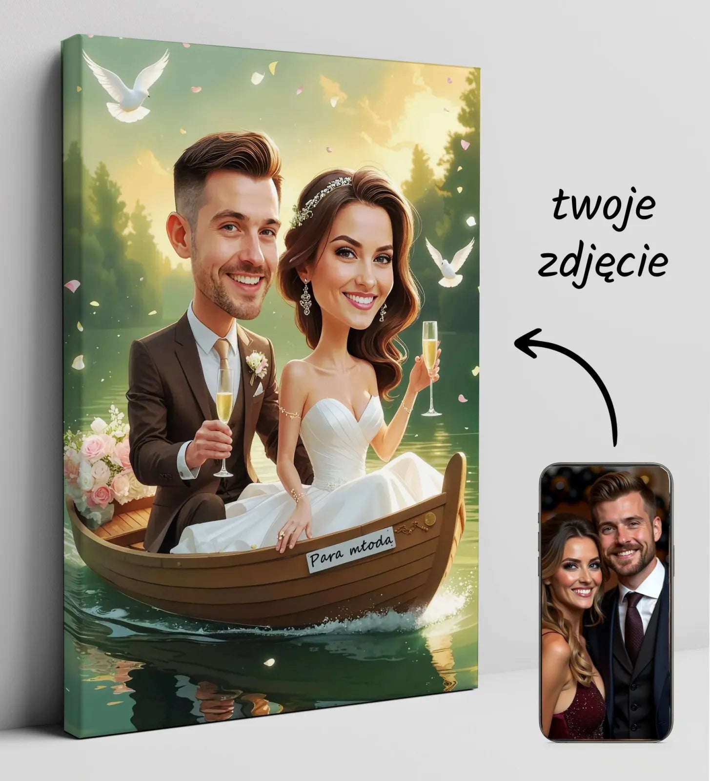 Karykatura ślubna na płótnie przedstawiająca parę w łódce w romantycznym stylu