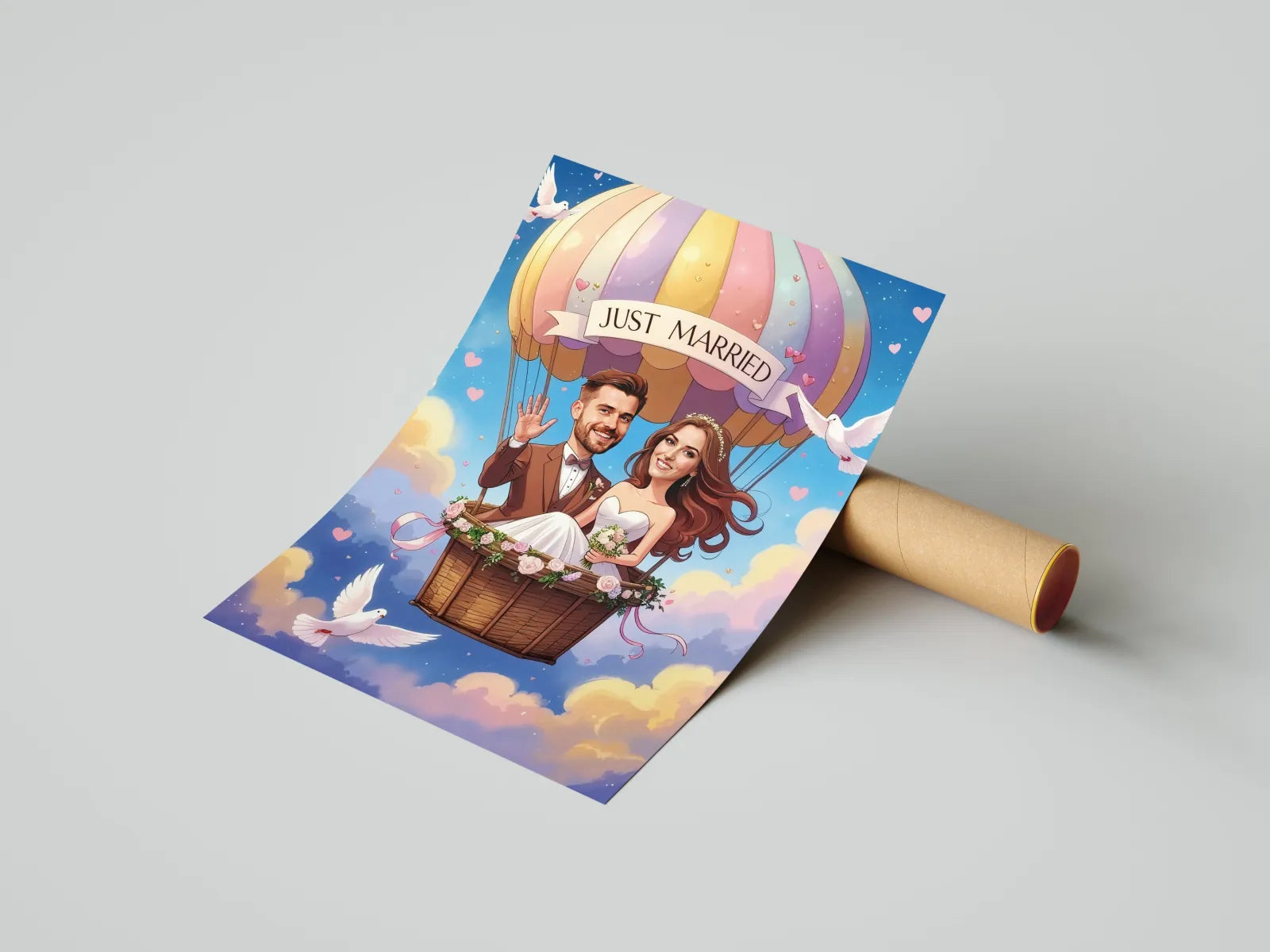 Ilustracja z hot air balloon z napisem Just Married dla produktu Ślubna karykatura pary młodej w balonie