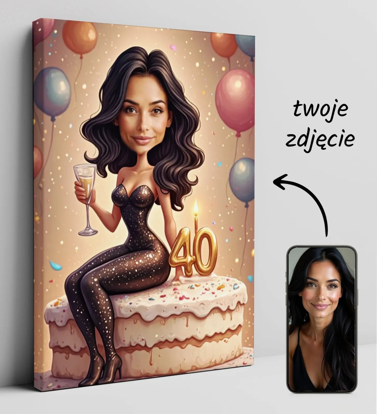 Personalizowany portret z okazji 40 urodzin na płótnie w produkcie Śmieszna karykatura kobiety na z tortem