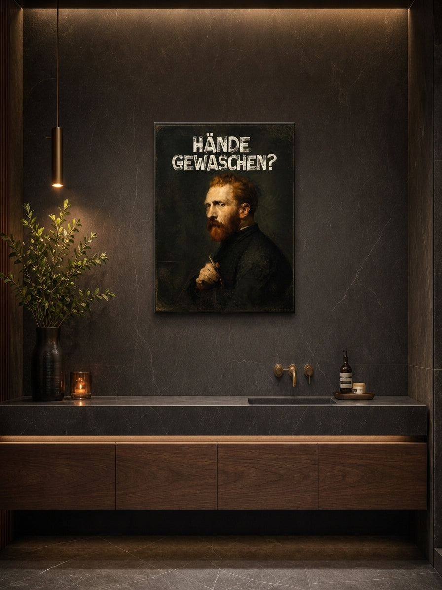 Śmieszny obraz do łazienki Hande Gewaschen z portretem w stylu vintage mockup 1