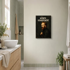 Śmieszny obraz do łazienki Hande Gewaschen z portretem w stylu vintage mockup 2