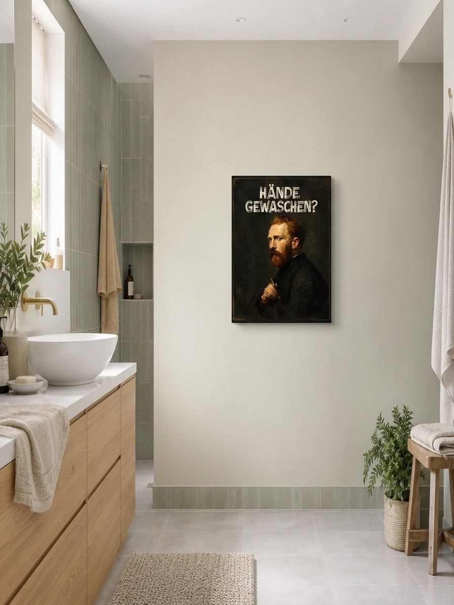 Śmieszny obraz do łazienki Hande Gewaschen z portretem w stylu vintage mockup 2