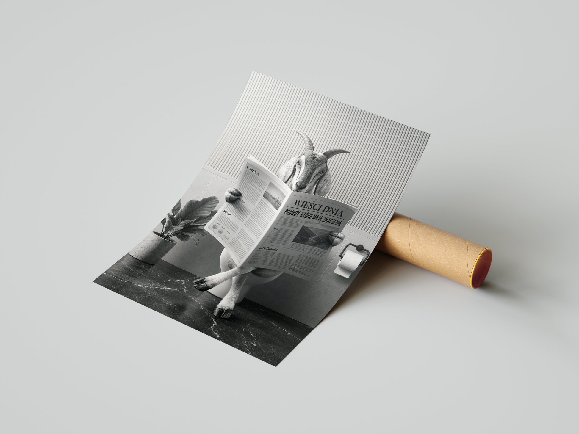Śmieszny obraz do łazienki – Koza z gazetą mockup 3