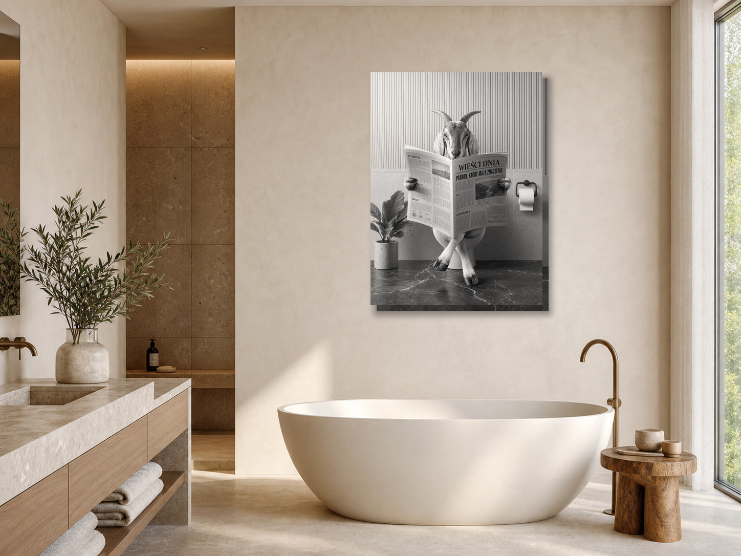 Śmieszny obraz do łazienki – Koza z gazetą mockup 1