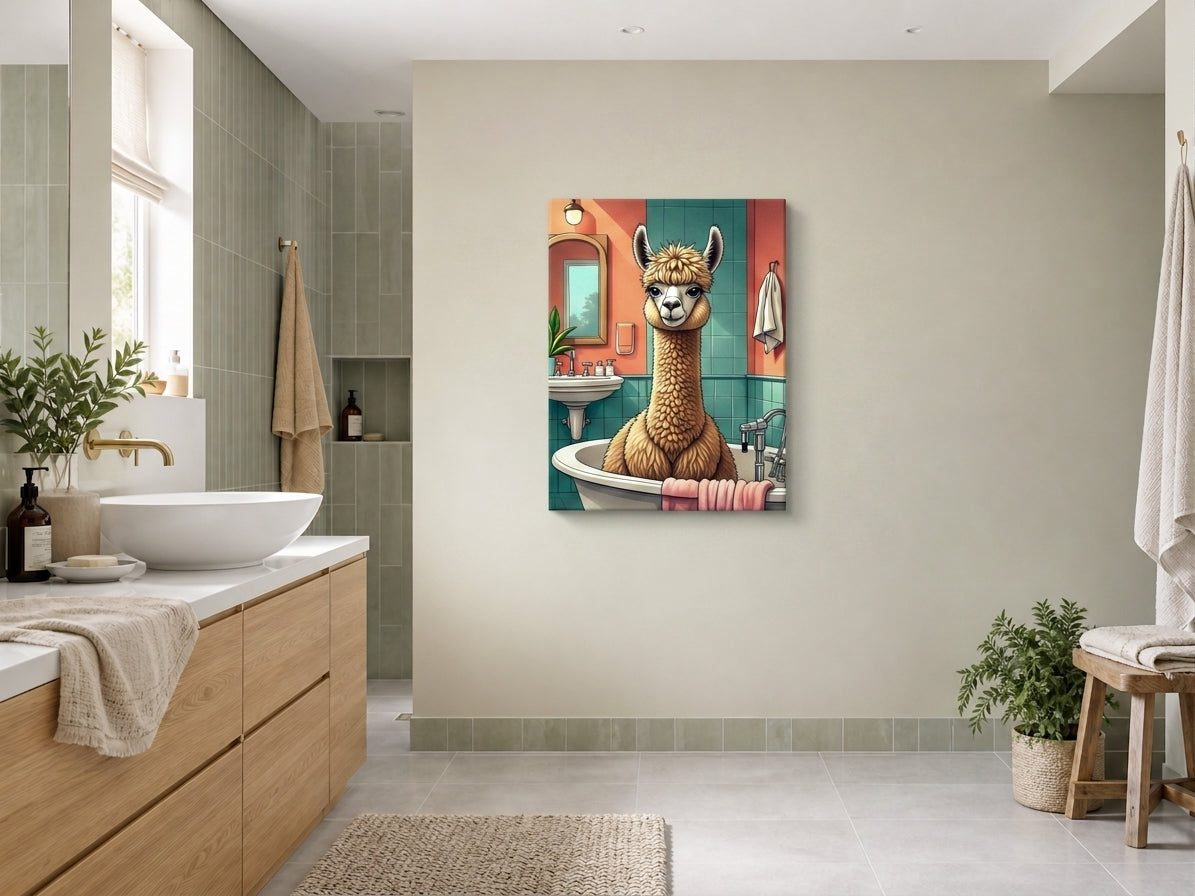 Śmieszny obraz do łazienki Lama w wannie mockup 2