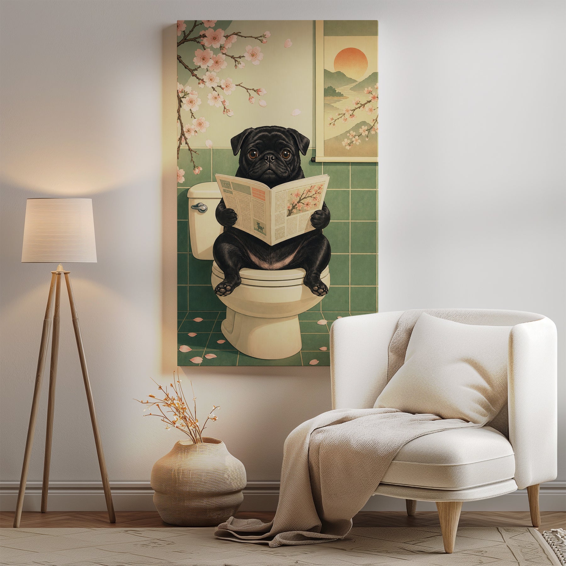 Śmieszny obraz do łazienki Mops na toalecie z gazetą mockup 4