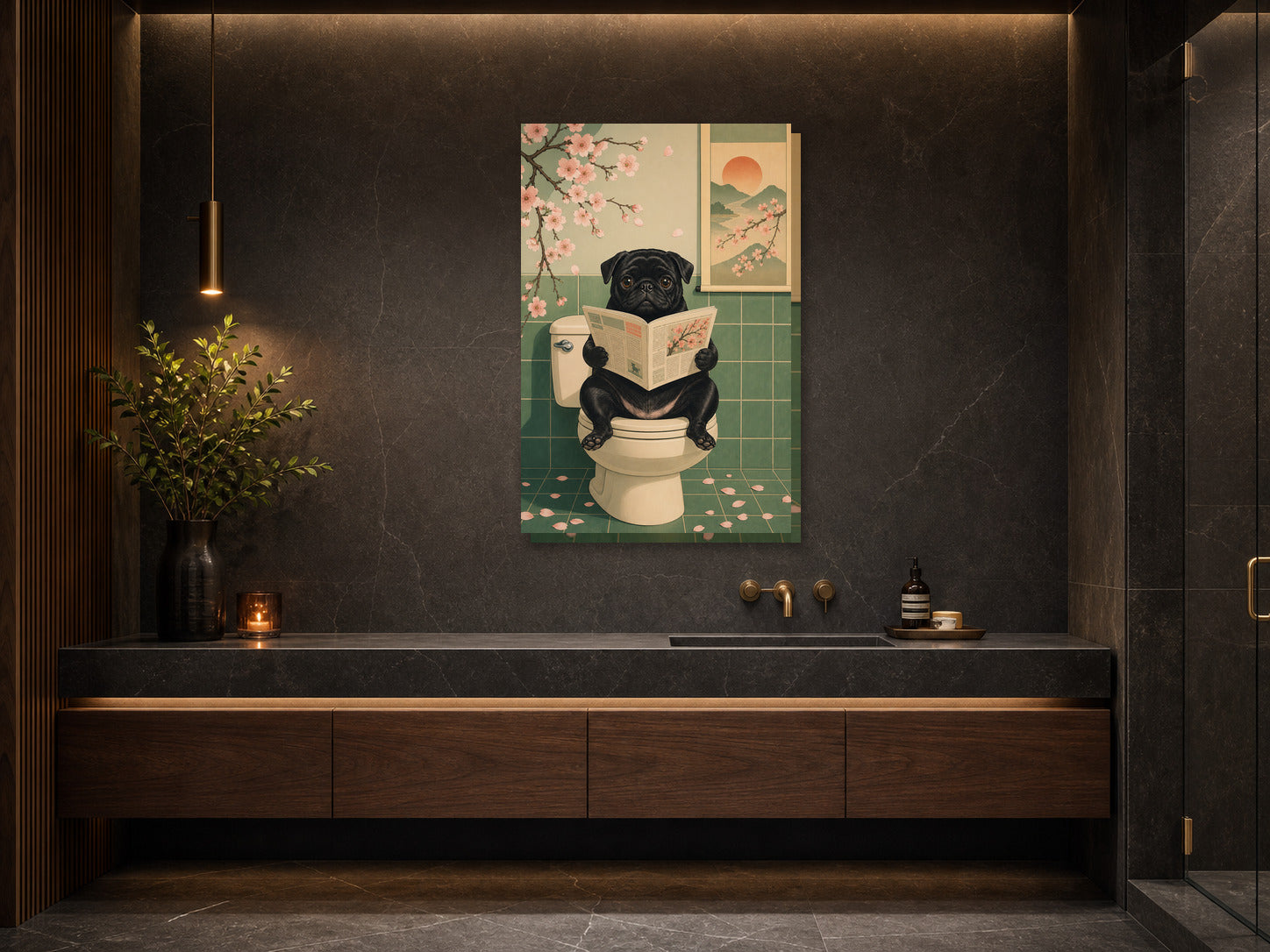 Śmieszny obraz do łazienki Mops na toalecie z gazetą mockup 2