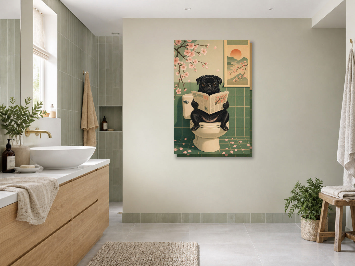 Śmieszny obraz do łazienki Mops na toalecie z gazetą mockup 3