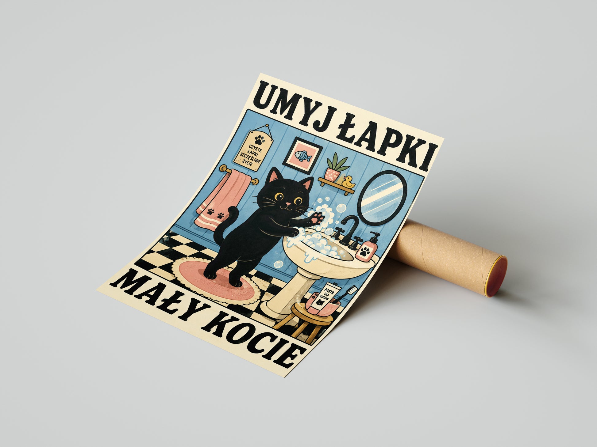 Śmieszny obraz do łazienki Umyj Łapki Mały Kocie mockup 5