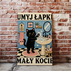 Śmieszny obraz do łazienki Umyj Łapki Mały Kocie mockup 4