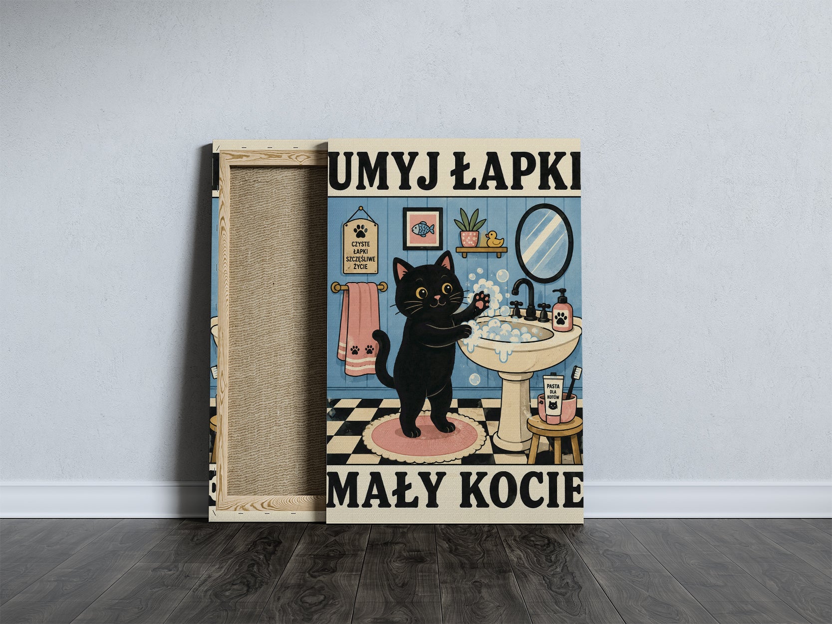 Śmieszny obraz do łazienki Umyj Łapki Mały Kocie mockup 6