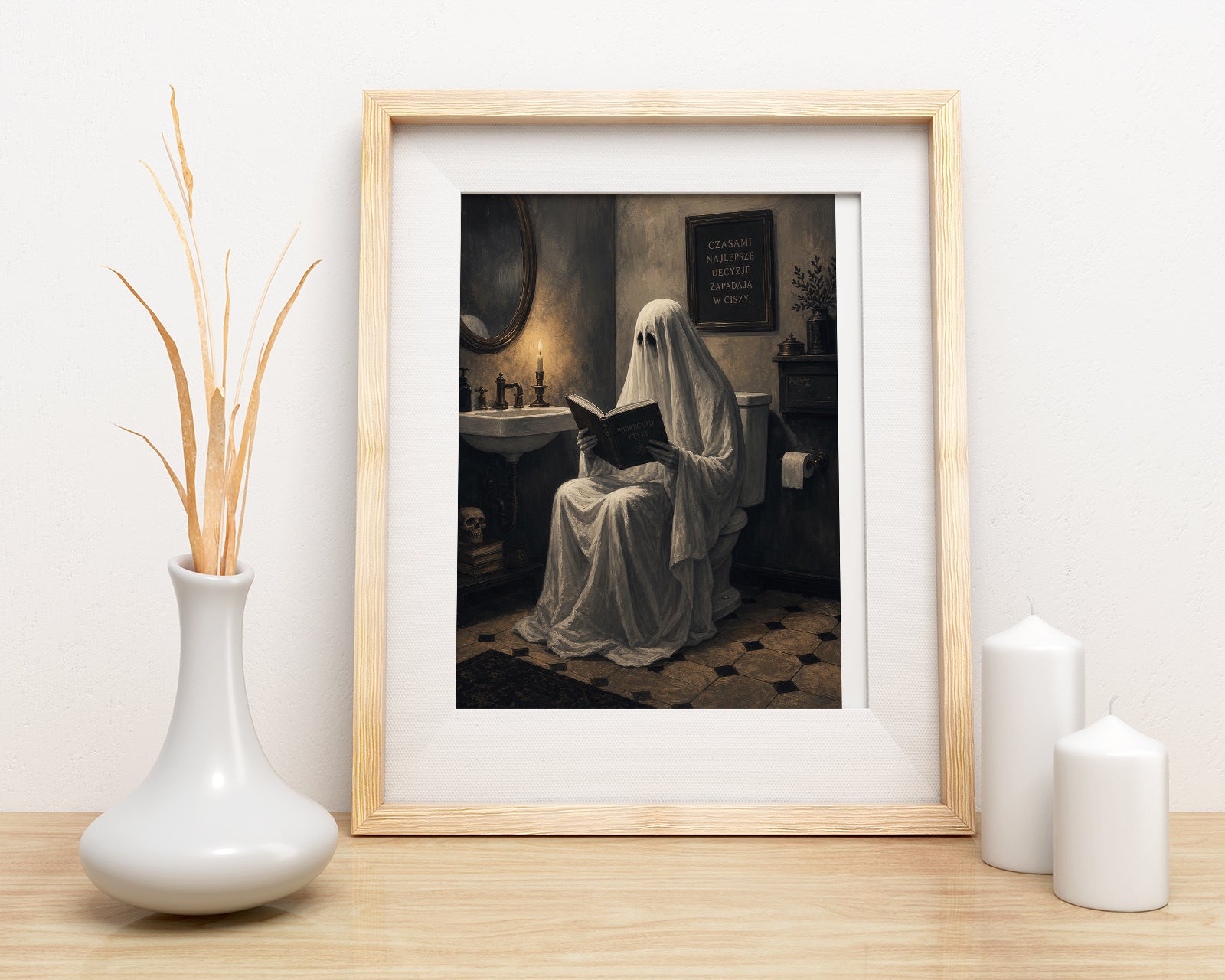 Śmieszny obraz do łazienki z duchem w toalecie mockup 2