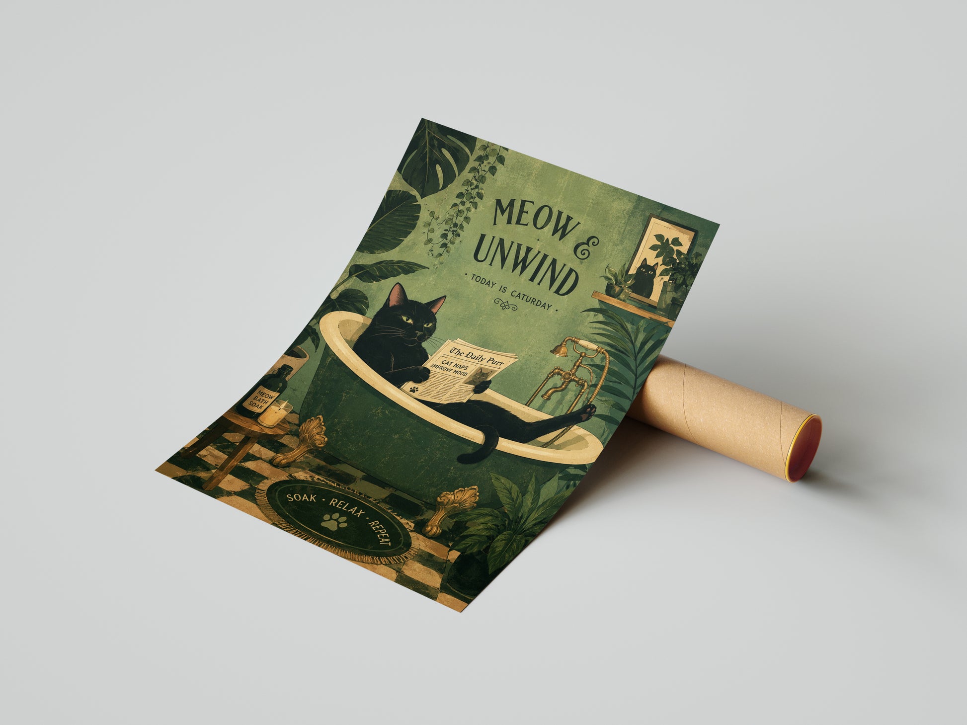Śmieszny obraz do łazienki z kotem w wannie Meow & Unwind mockup 6