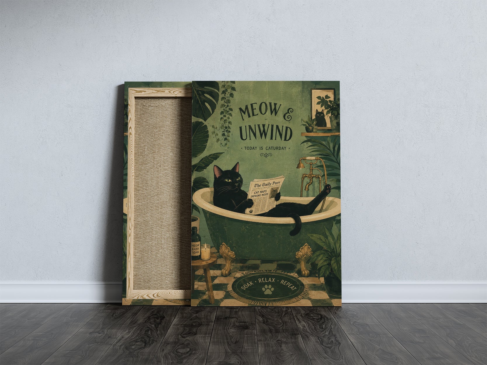 Śmieszny obraz do łazienki z kotem w wannie Meow & Unwind mockup 7