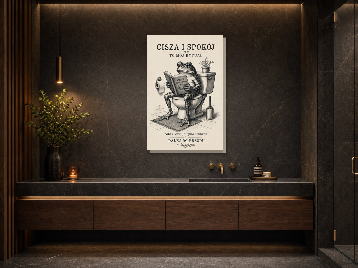 Śmieszny obraz do łazienki z żabą na toalecie mockup 2