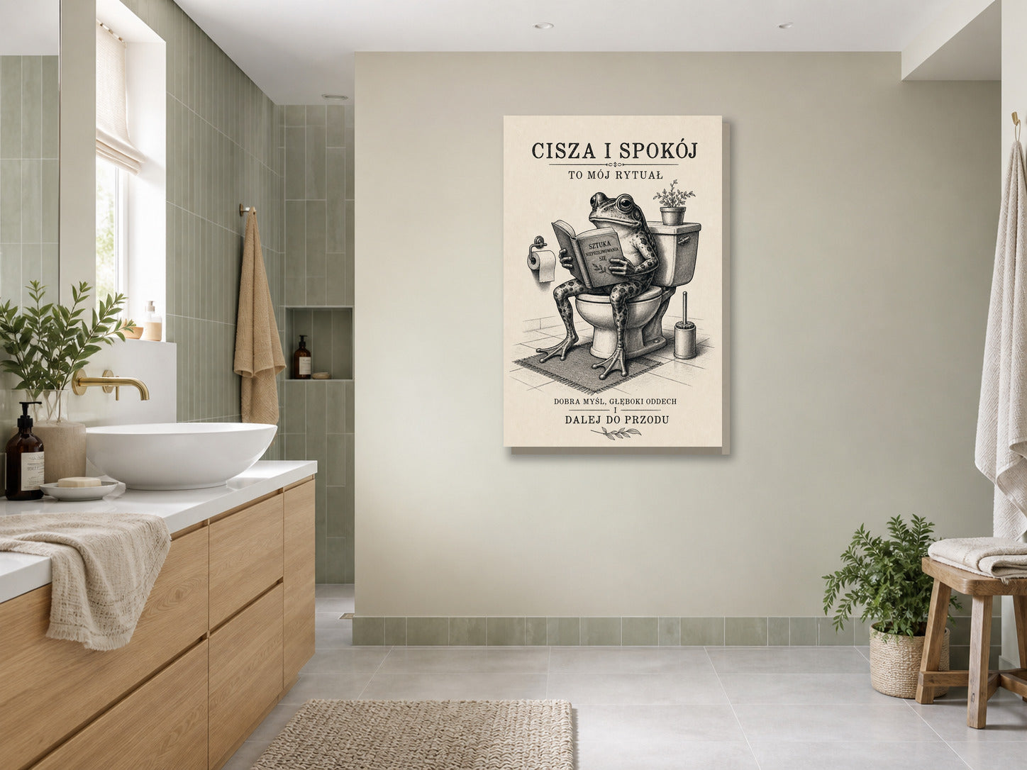 Śmieszny obraz do łazienki z żabą na toalecie mockup 3