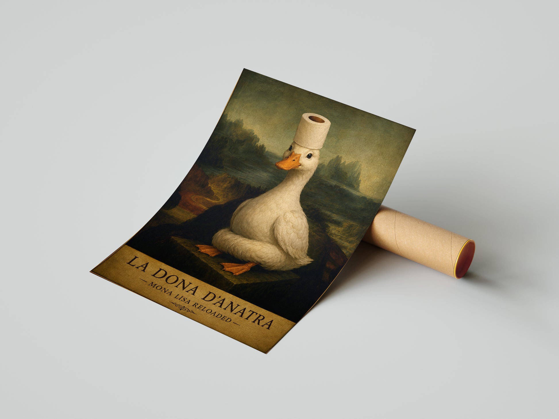 Śmieszny plakat do łazienki Kaczka Mona Lisa Reloaded mockup 6