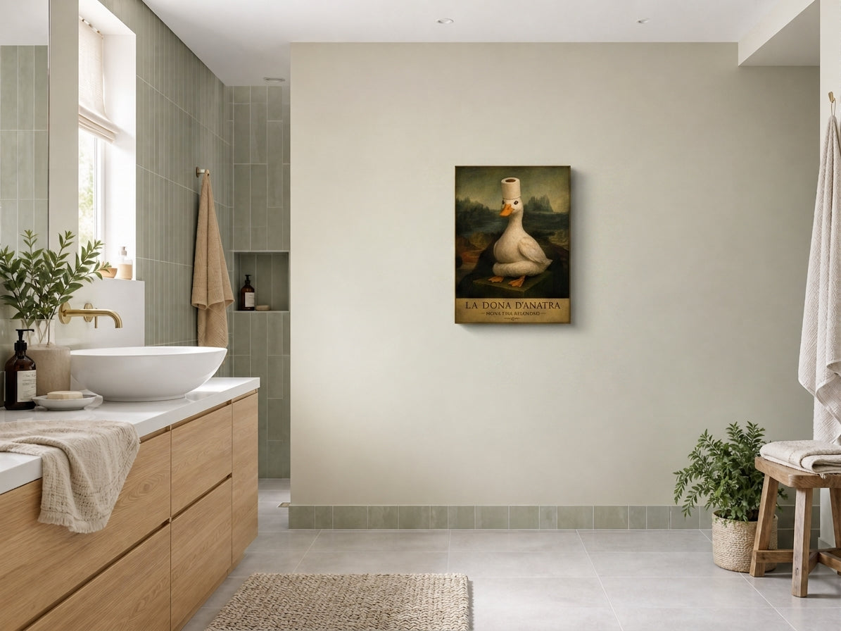 Śmieszny plakat do łazienki Kaczka Mona Lisa Reloaded mockup 2