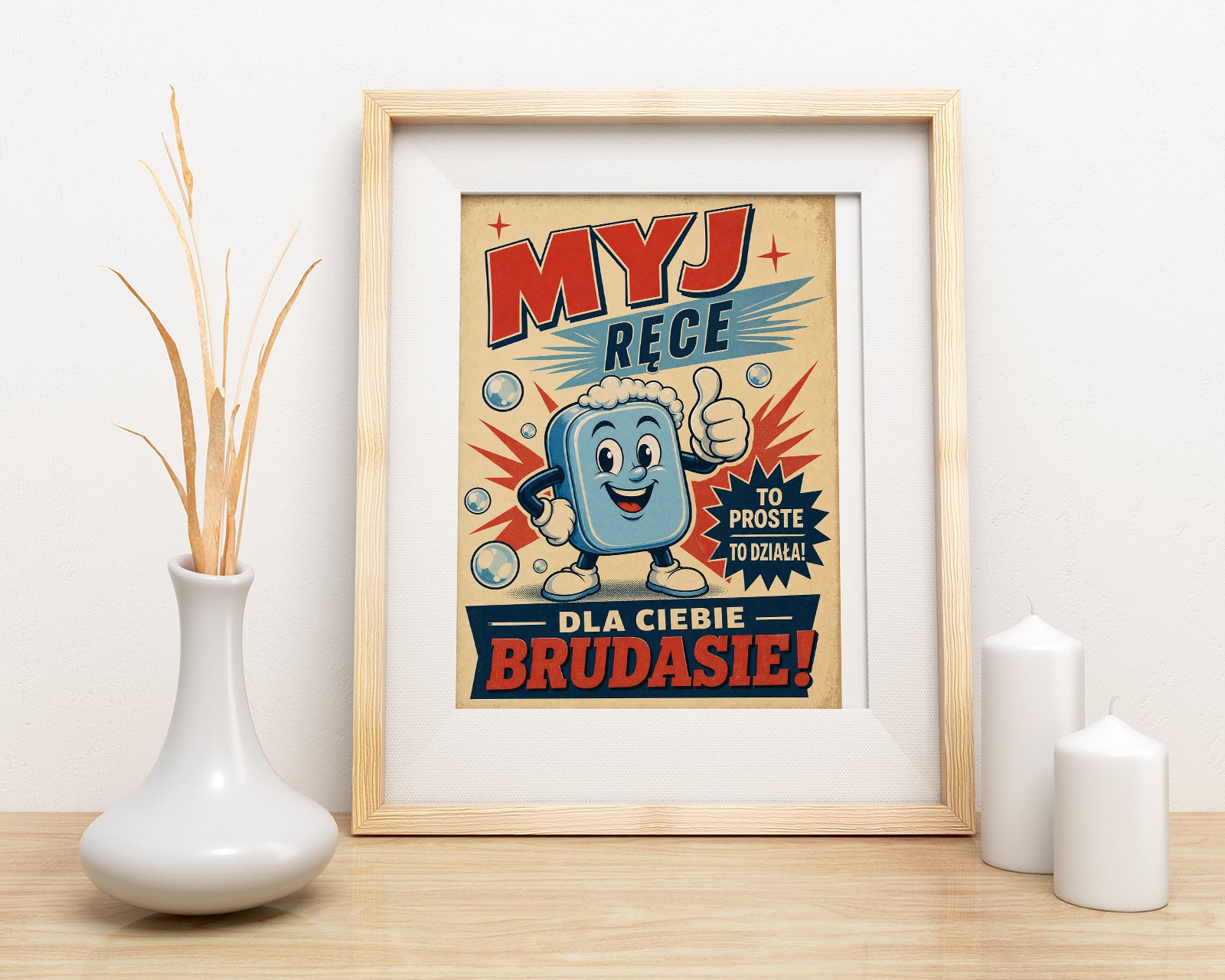 Śmieszny plakat do łazienki – Myj Ręce Brudasie mockup 2