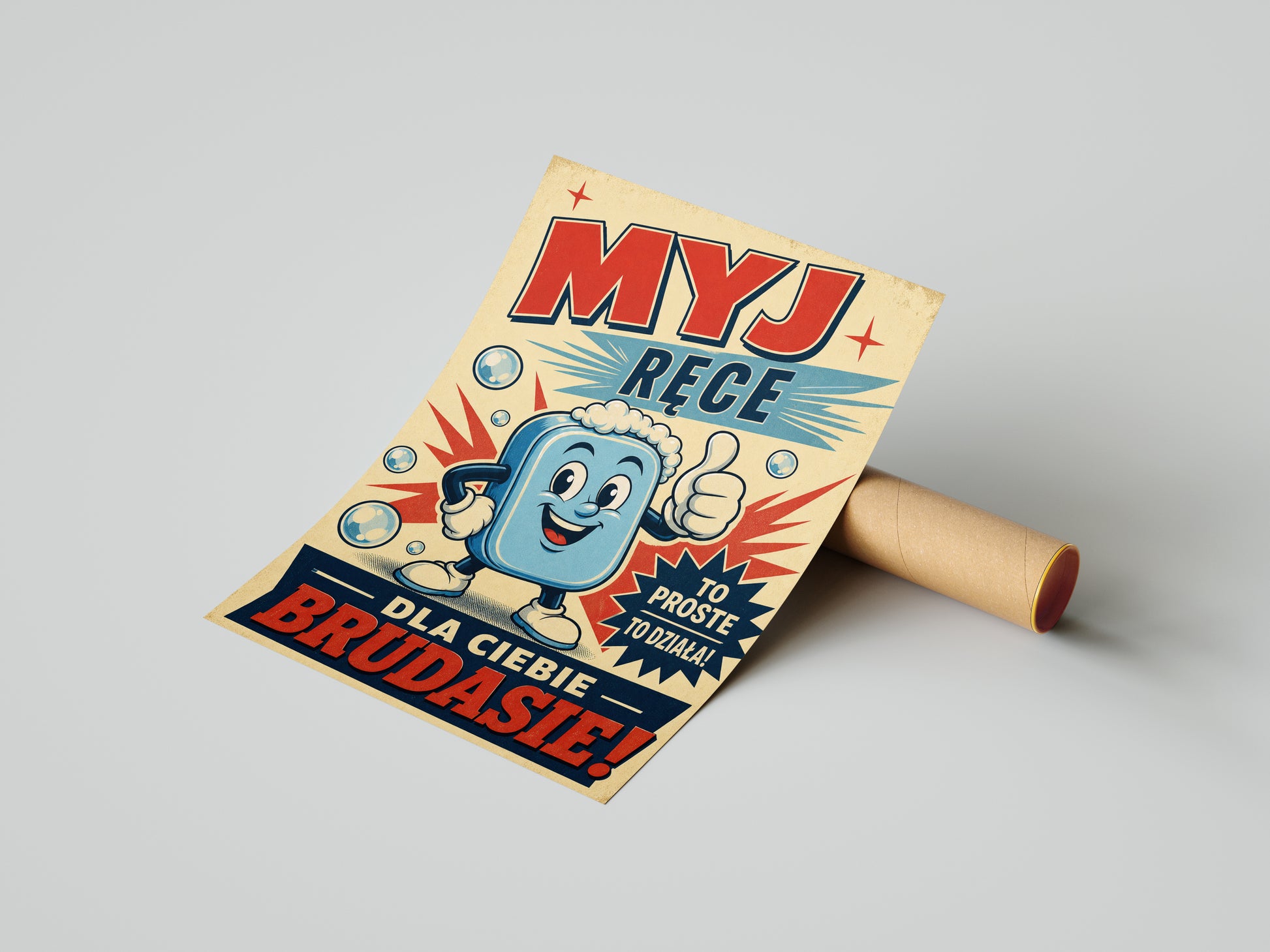 Śmieszny plakat do łazienki – Myj Ręce Brudasie mockup 3