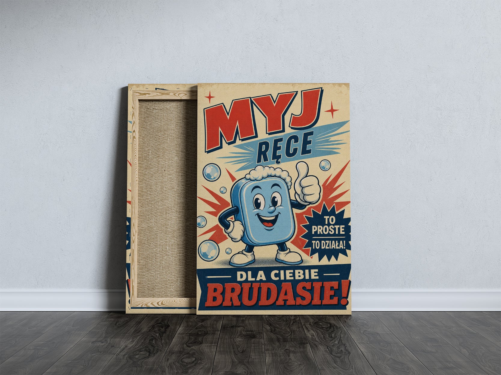Śmieszny plakat do łazienki – Myj Ręce Brudasie mockup 4