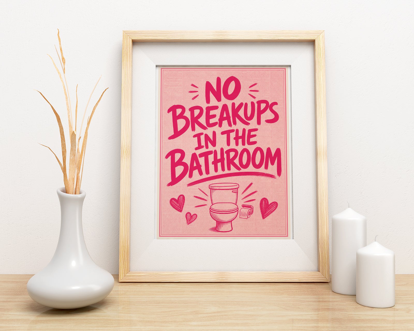 Śmieszny plakat do łazienki No Breakups in the Bathroom mockup 5