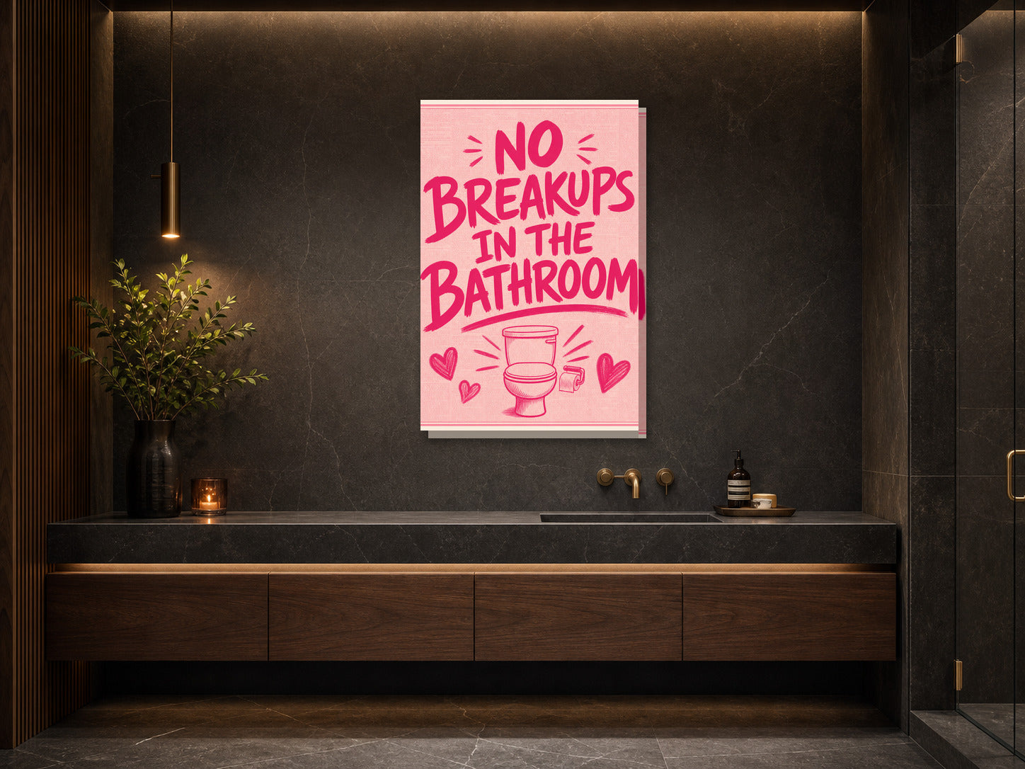 Śmieszny plakat do łazienki No Breakups in the Bathroom mockup 2