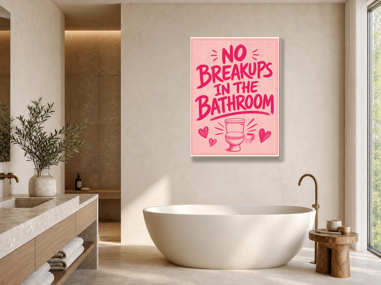 Śmieszny plakat do łazienki No Breakups in the Bathroom mockup 1