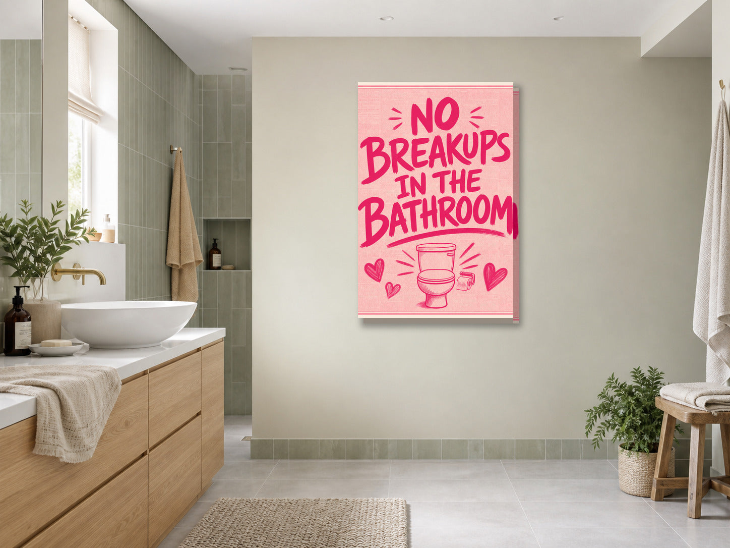 Śmieszny plakat do łazienki No Breakups in the Bathroom mockup 3