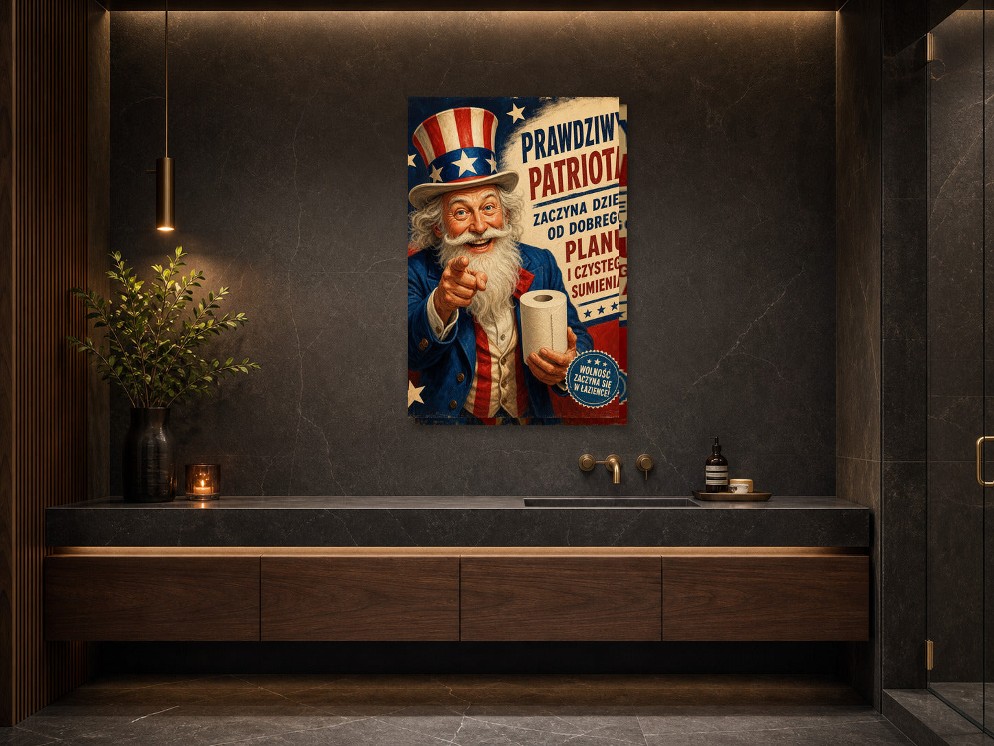 Śmieszny plakat do łazienki – Prawdziwy Patriota mockup 2