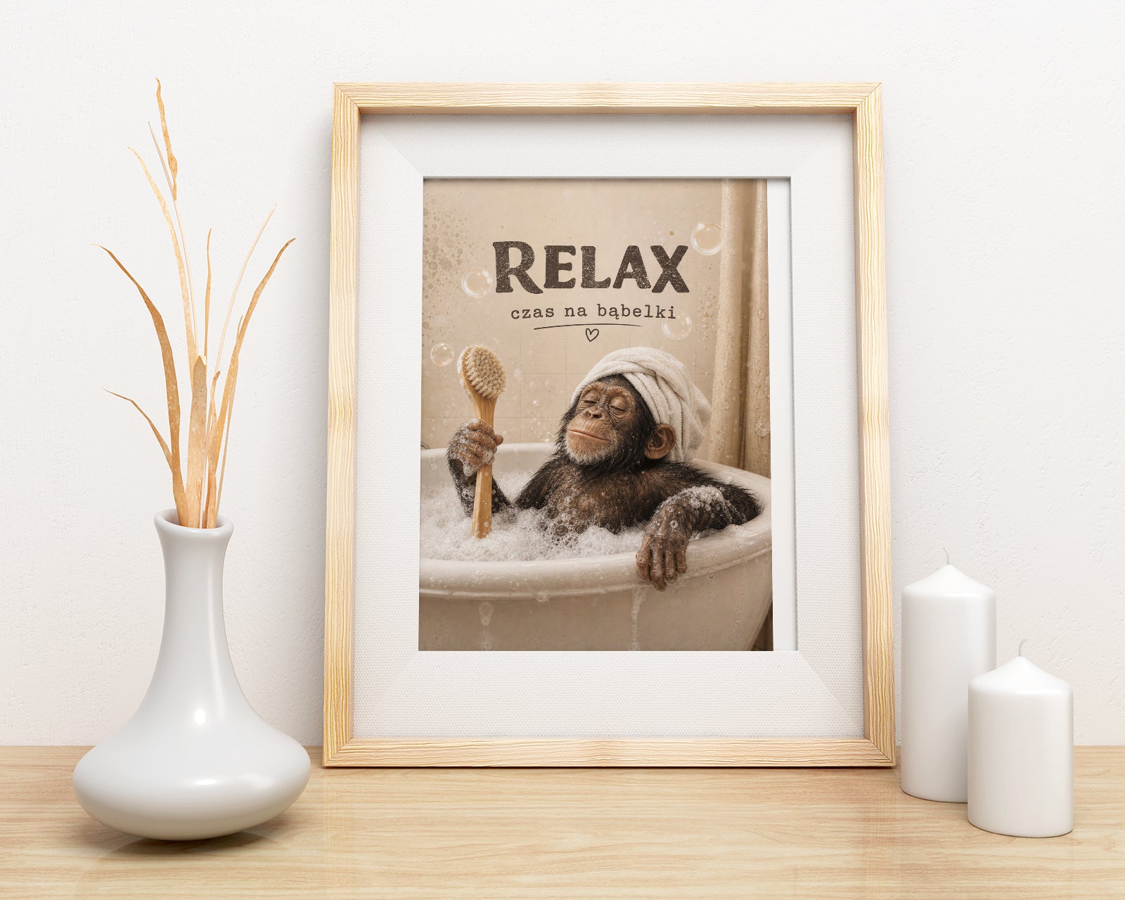 Śmieszny plakat do łazienki Relax czas na bąbelki mockup 2