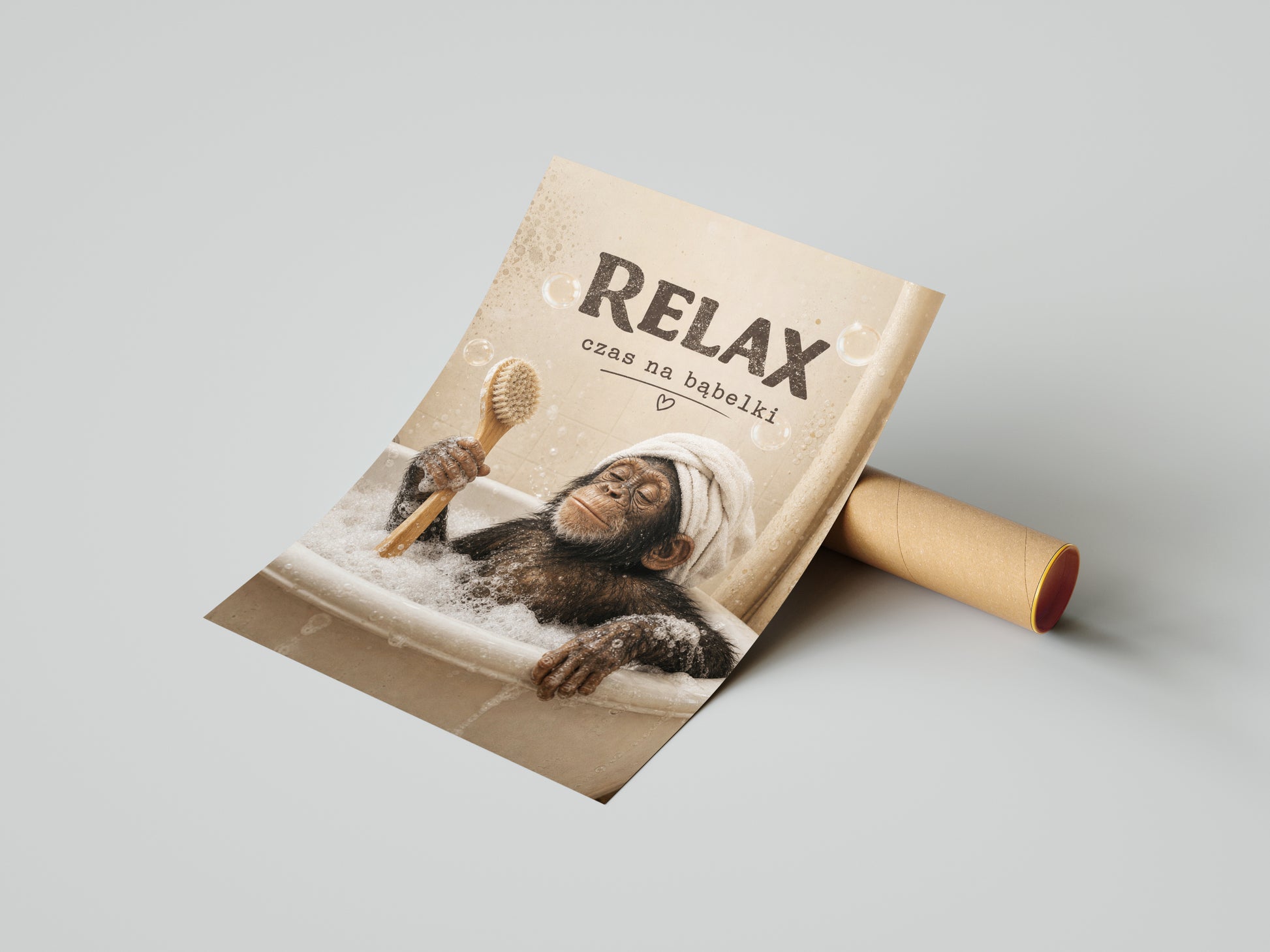 Śmieszny plakat do łazienki Relax czas na bąbelki mockup 3