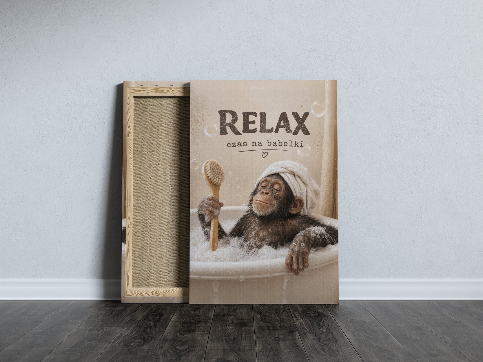 Śmieszny plakat do łazienki Relax czas na bąbelki mockup 4