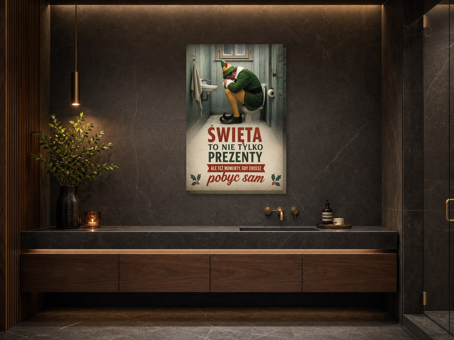 Śmieszny plakat do łazienki – Święta to nie tylko prezenty mockup 2