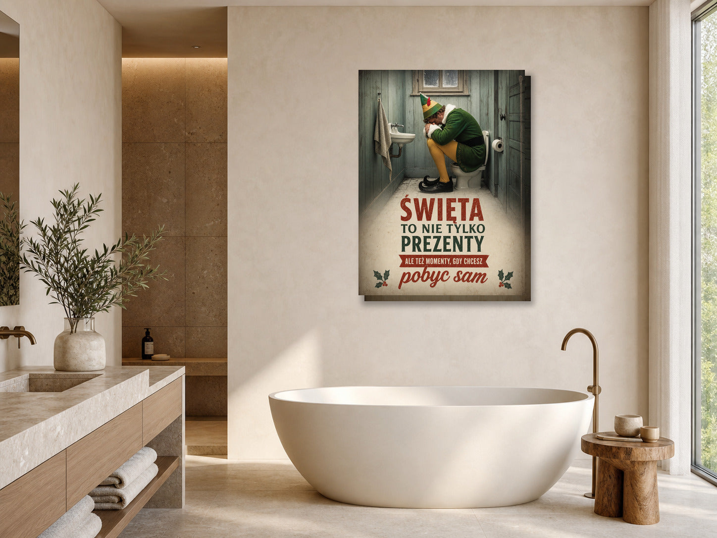 Śmieszny plakat do łazienki – Święta to nie tylko prezenty mockup 1