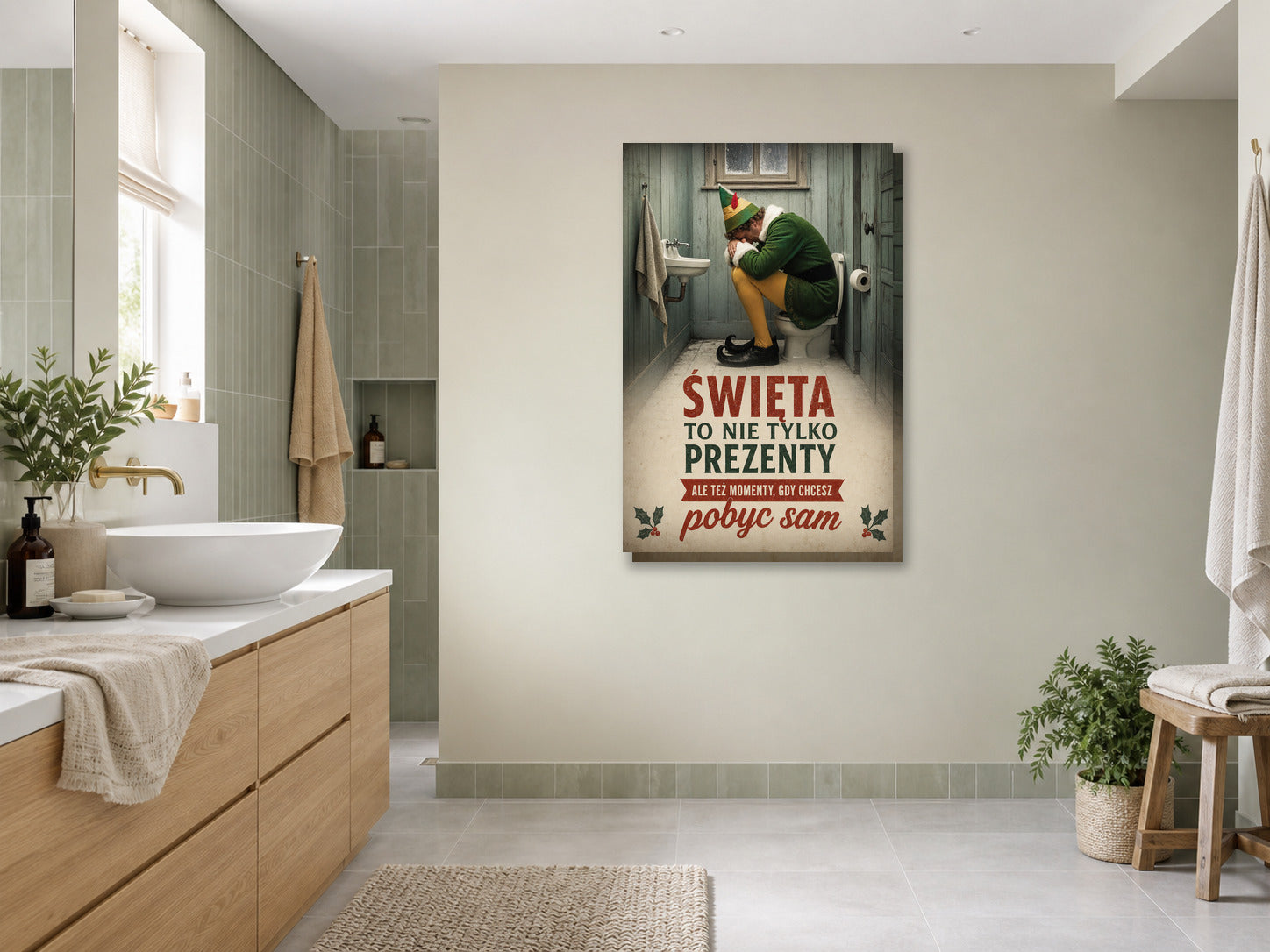 Śmieszny plakat do łazienki – Święta to nie tylko prezenty mockup 3