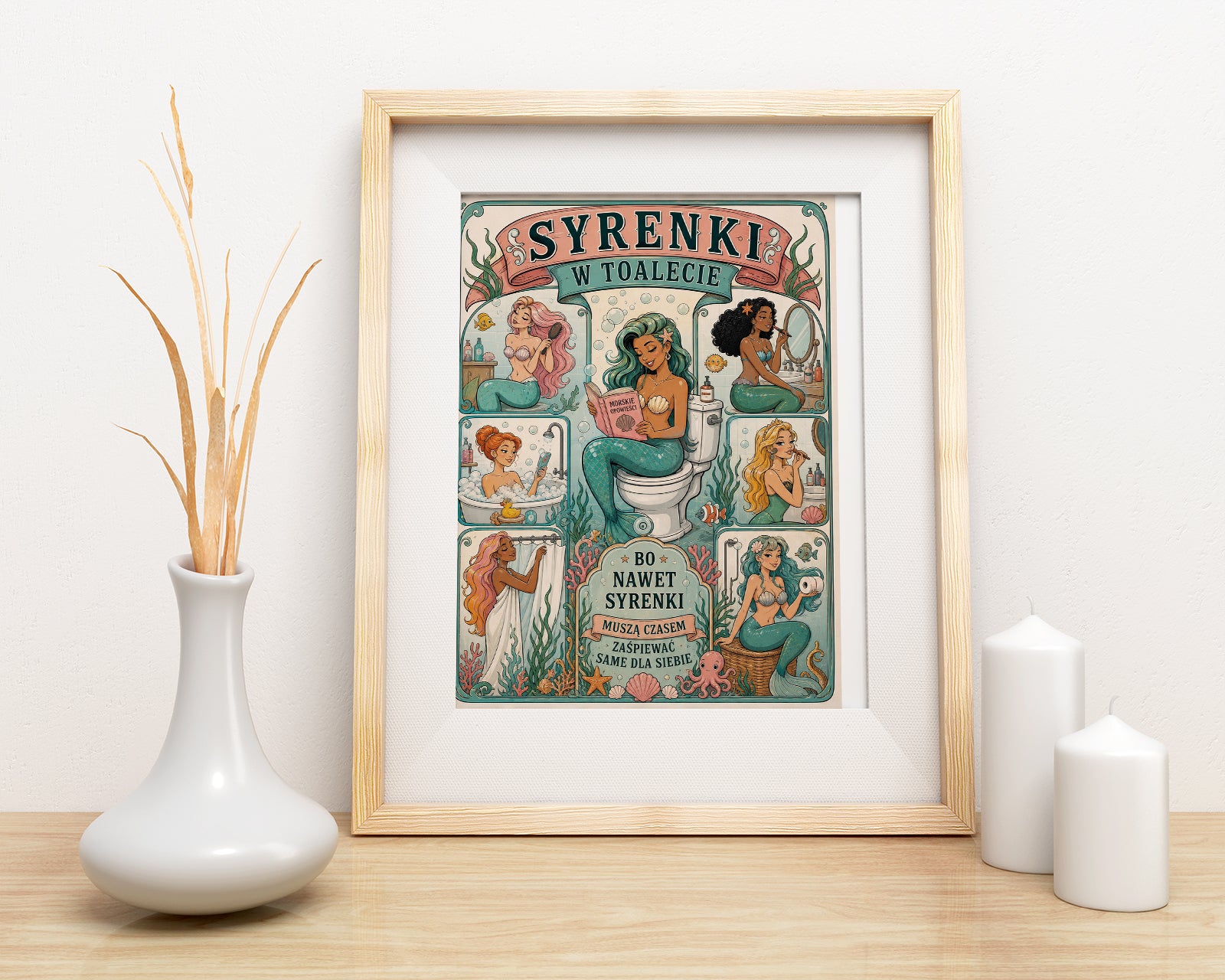 Śmieszny plakat do łazienki – Syrenki w toalecie mockup 2
