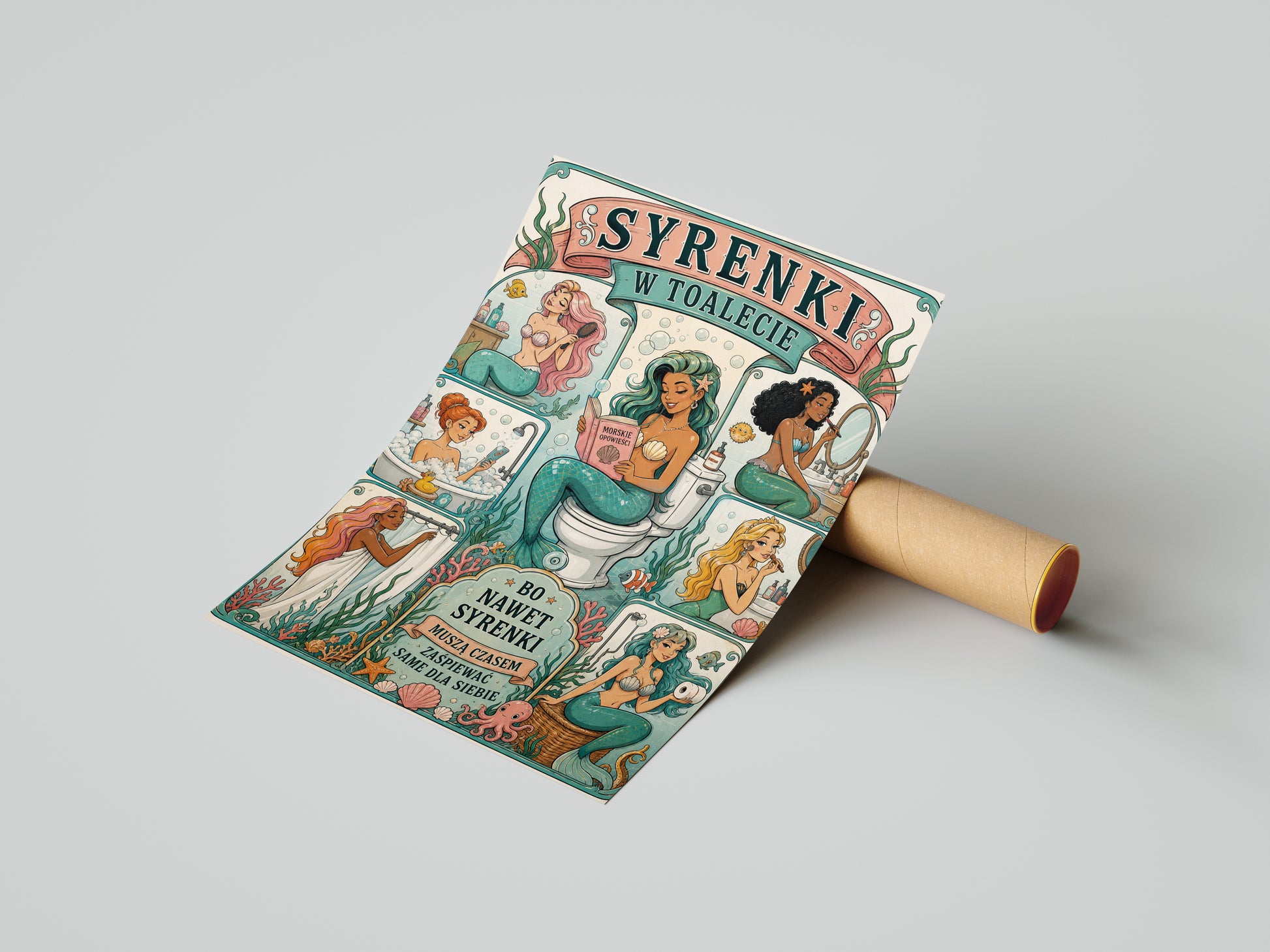 Śmieszny plakat do łazienki – Syrenki w toalecie mockup 3