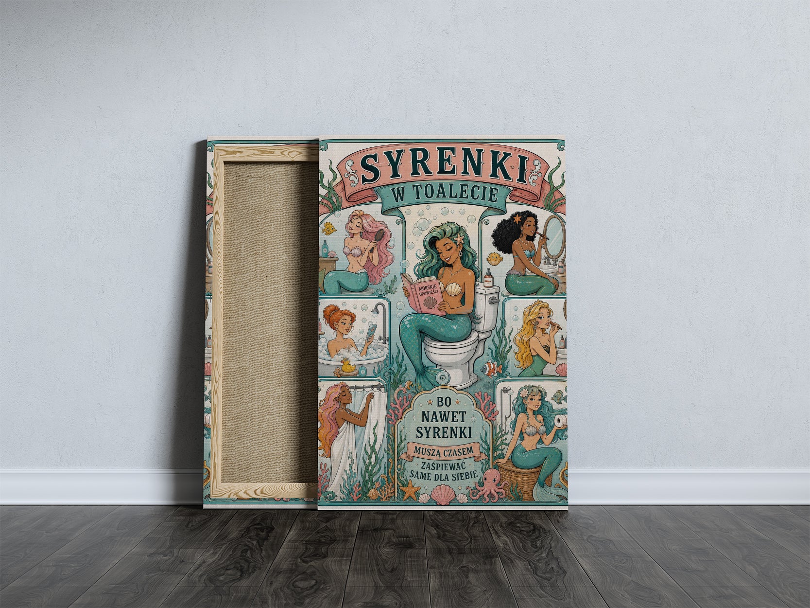Śmieszny plakat do łazienki – Syrenki w toalecie mockup 4