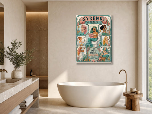 Śmieszny plakat do łazienki – Syrenki w toalecie mockup 1