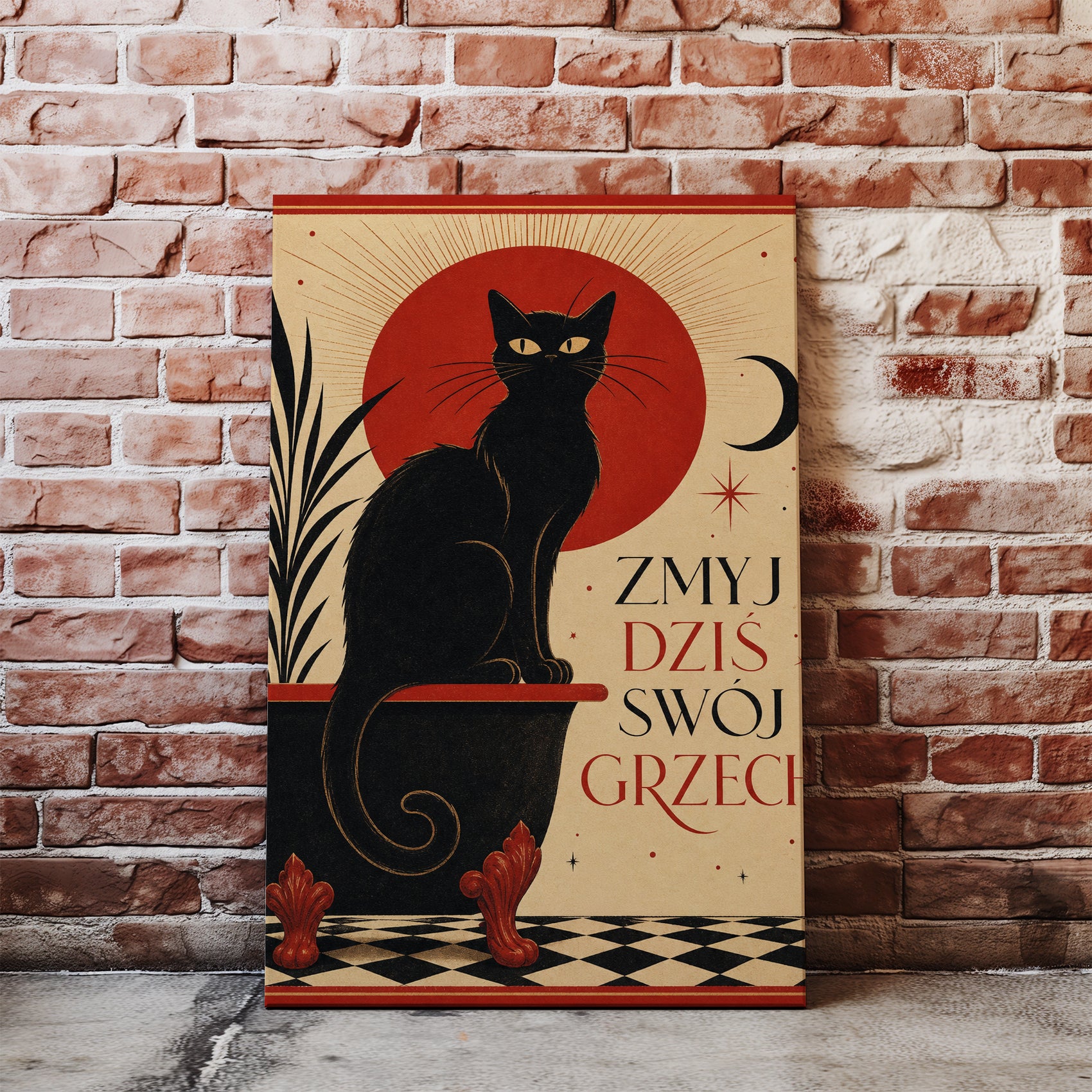 Śmieszny plakat do łazienki z czarnym kotem mockup 1