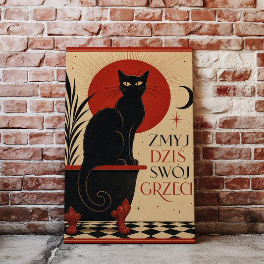 Śmieszny plakat do łazienki z czarnym kotem mockup 1