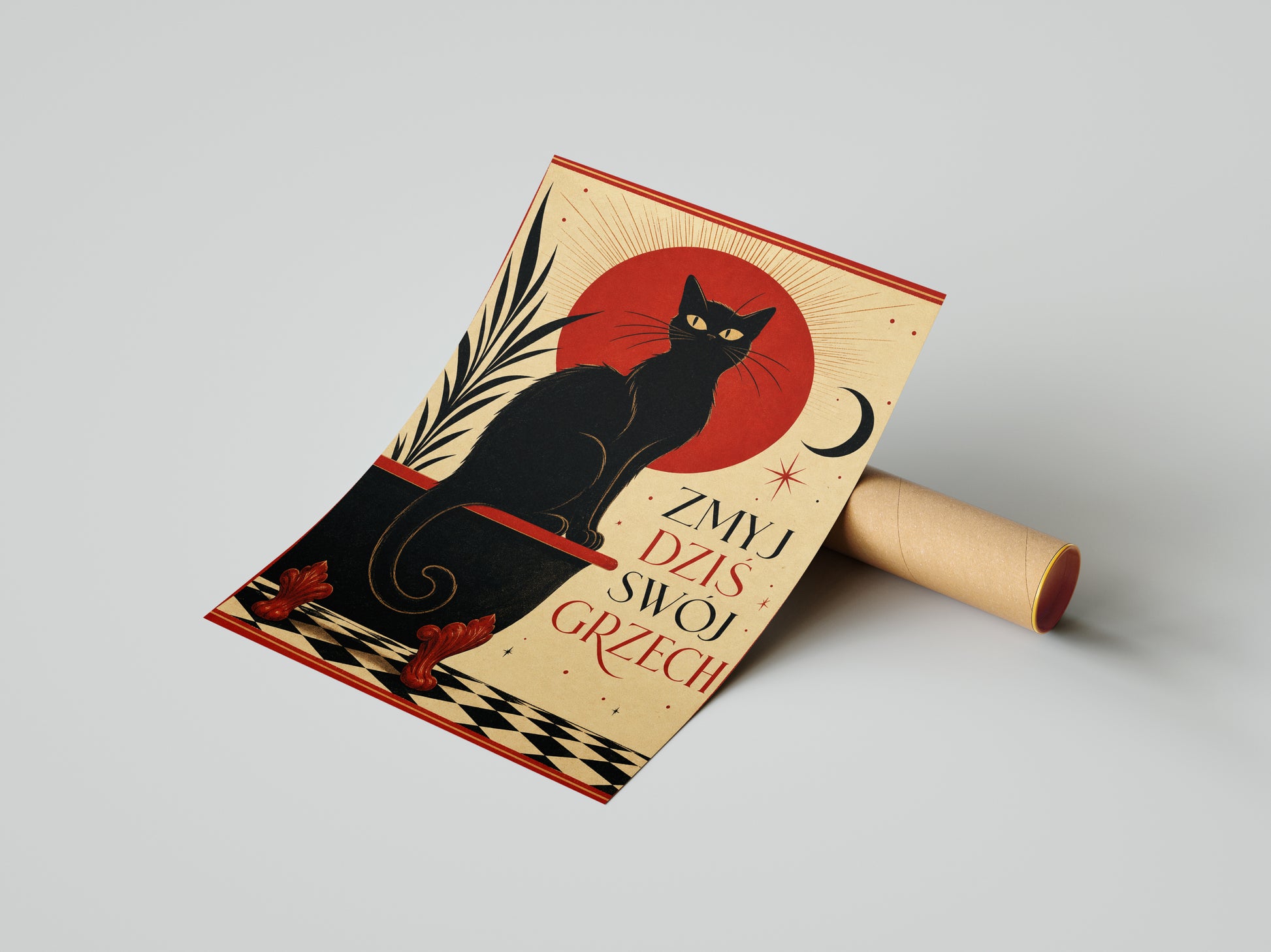 Śmieszny plakat do łazienki z czarnym kotem mockup 5