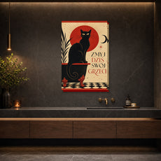 Śmieszny plakat do łazienki z czarnym kotem mockup 3