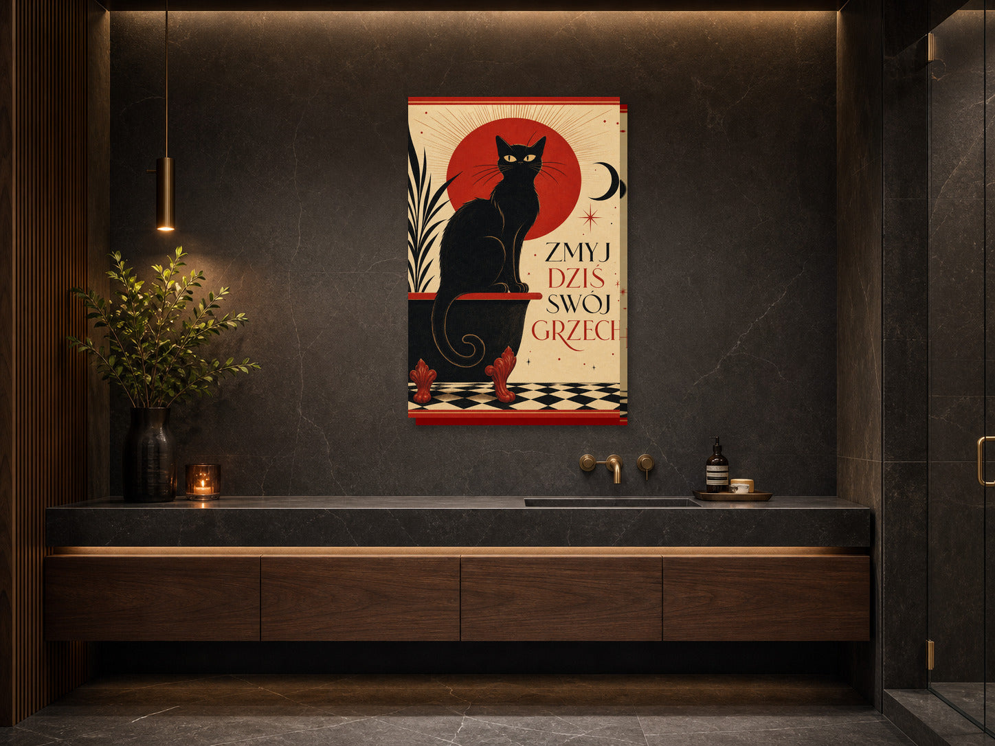 Śmieszny plakat do łazienki z czarnym kotem mockup 3
