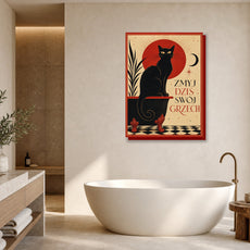 Śmieszny plakat do łazienki z czarnym kotem mockup 2